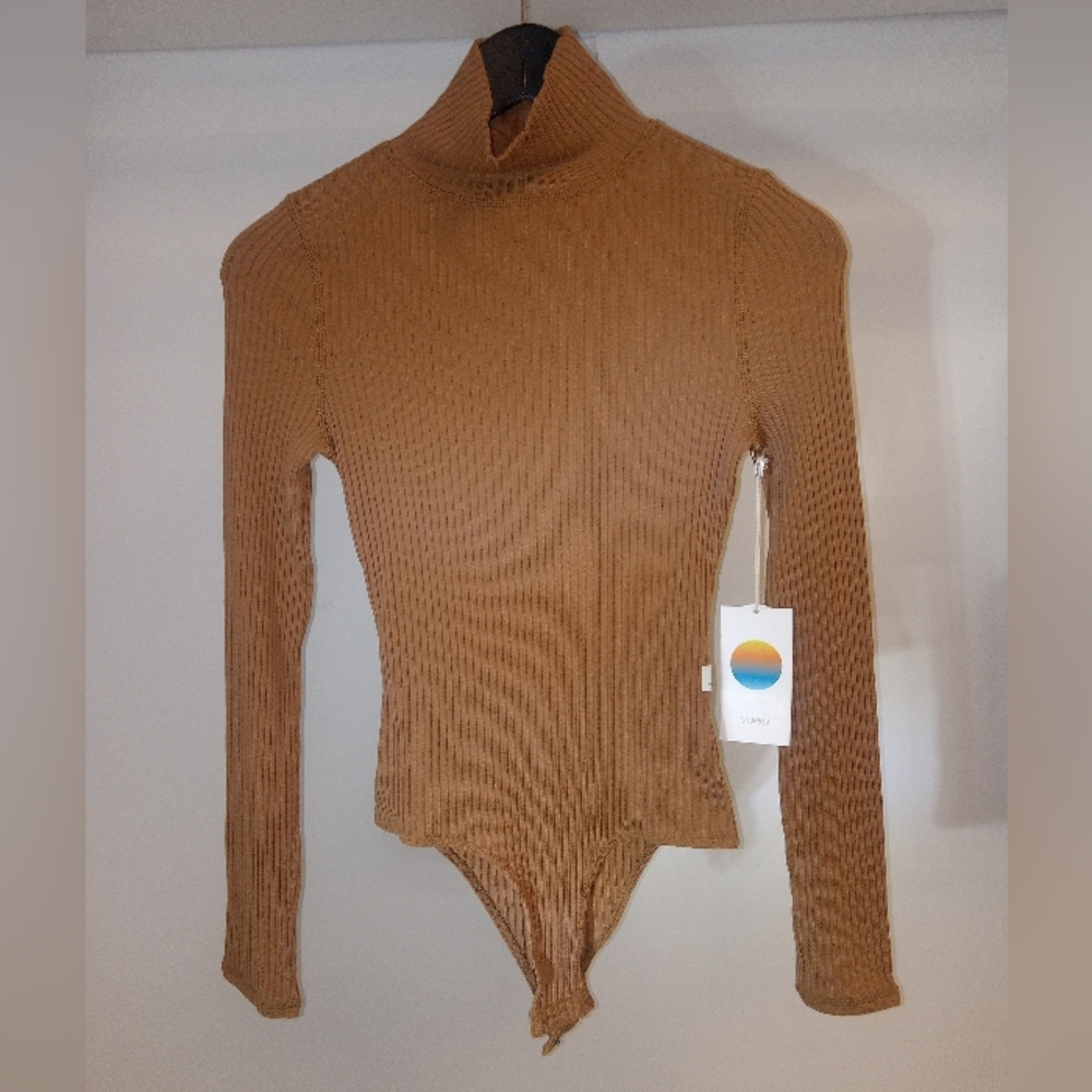 Vuori Ribbed Turtleneck Bodysuit in Camel Brown (Without Tags)